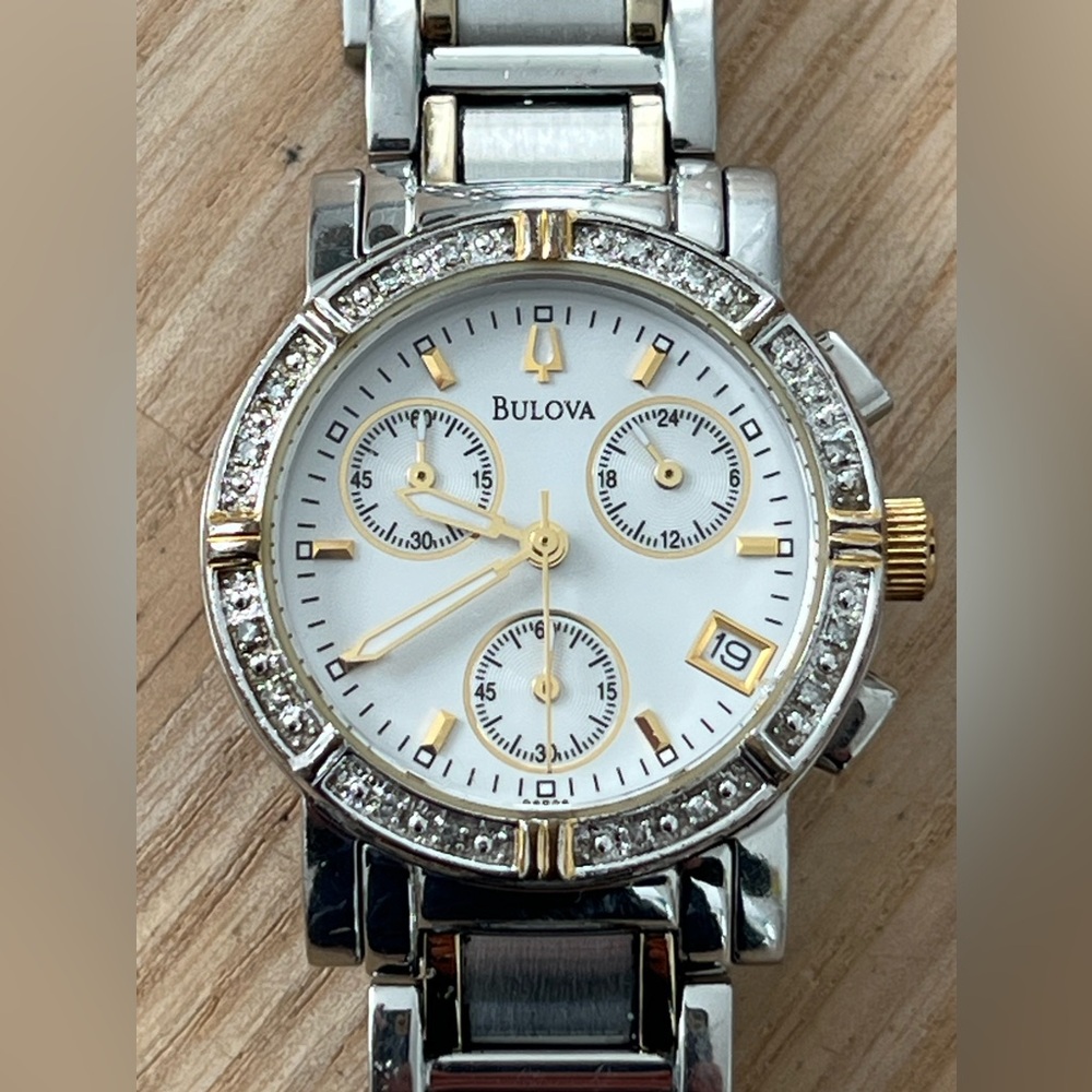 Bulova Chronograph Diamond Ladies Watch Pearl Dial Two-Tone Bracelet Case